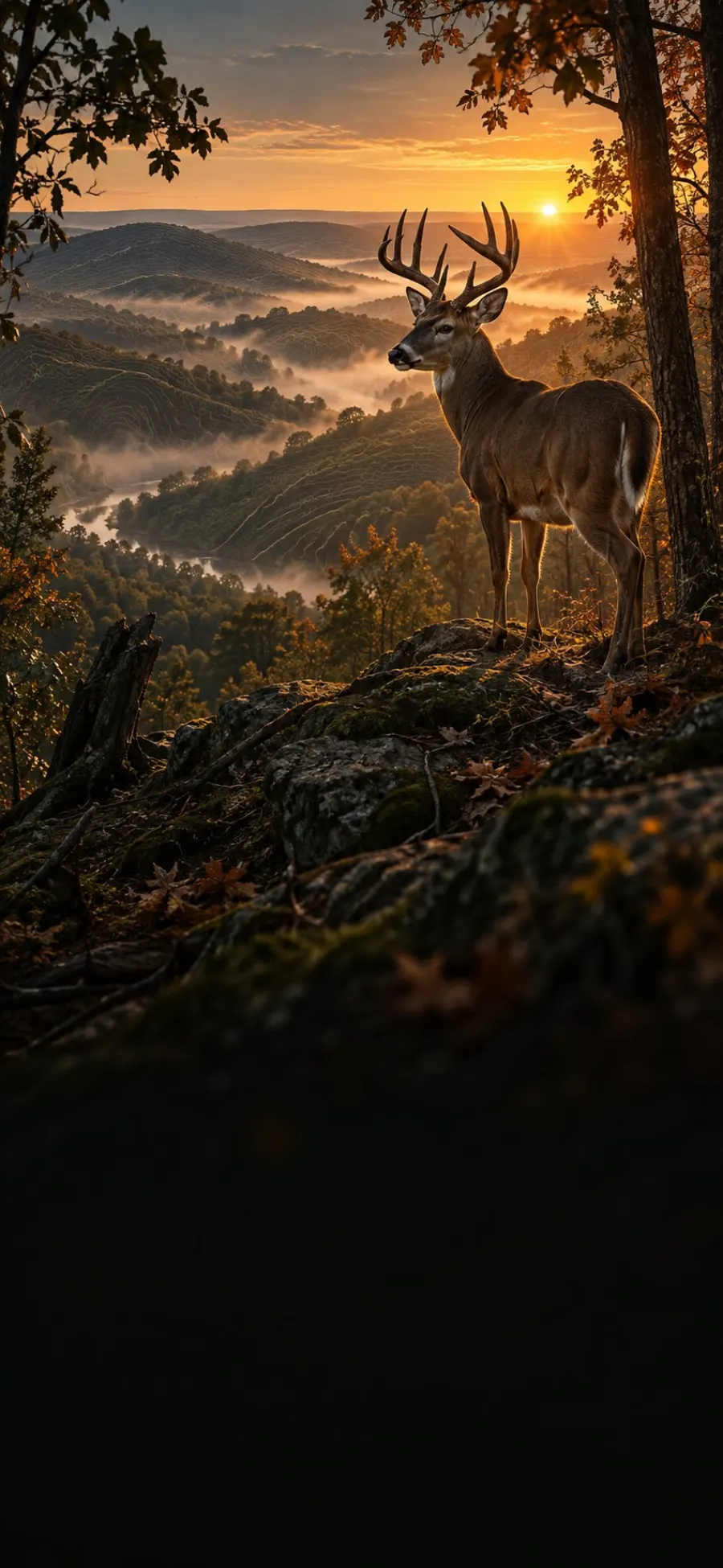 A whitetail buck on a ridge above a misty valley at sunrise